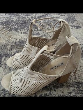 JustFab Neutral Cutout Lace-Up Block Heel Sandals